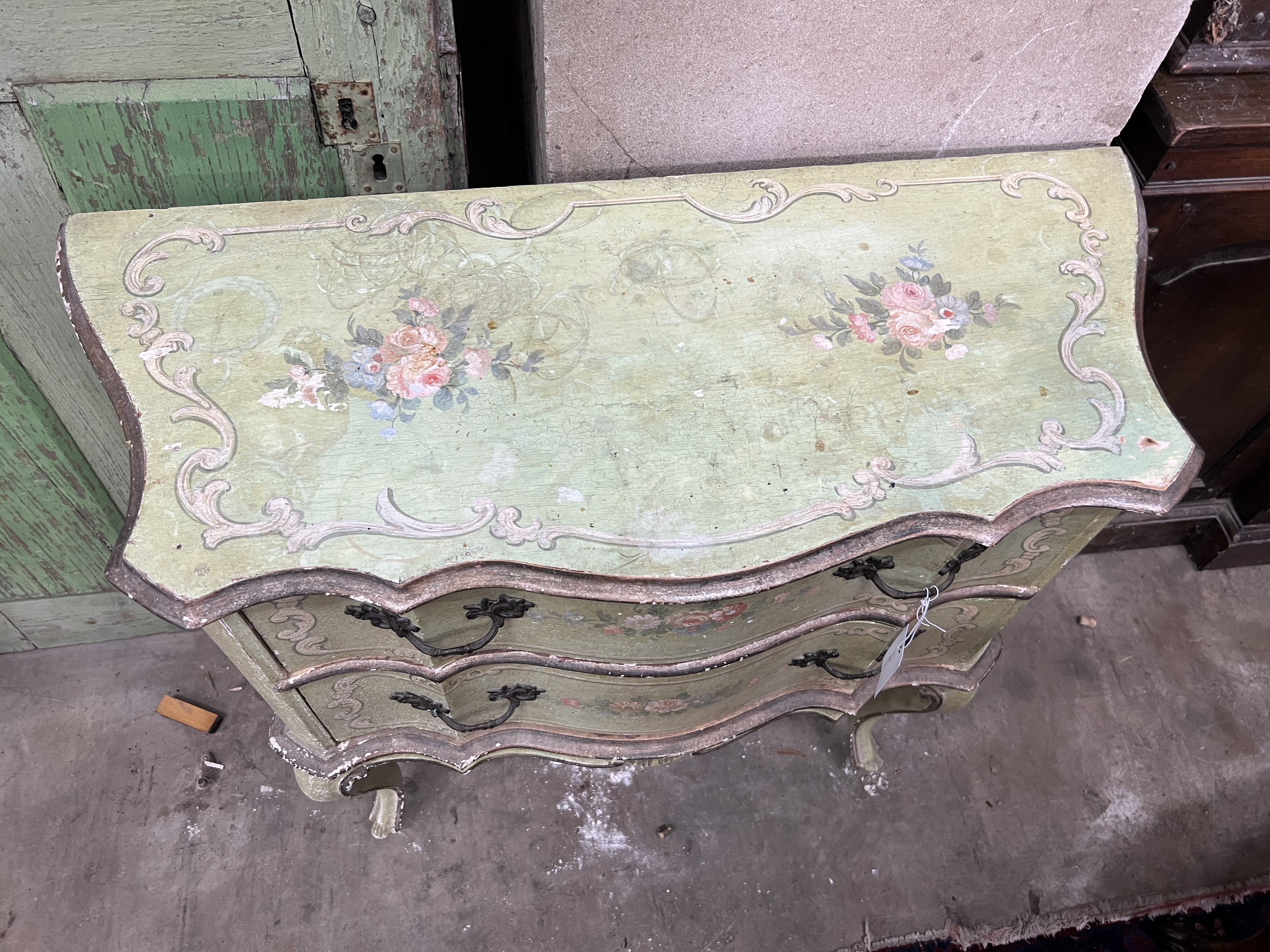 A small Louis XVI style painted two drawer chest, width 77cm, depth 32cm, height 74cm